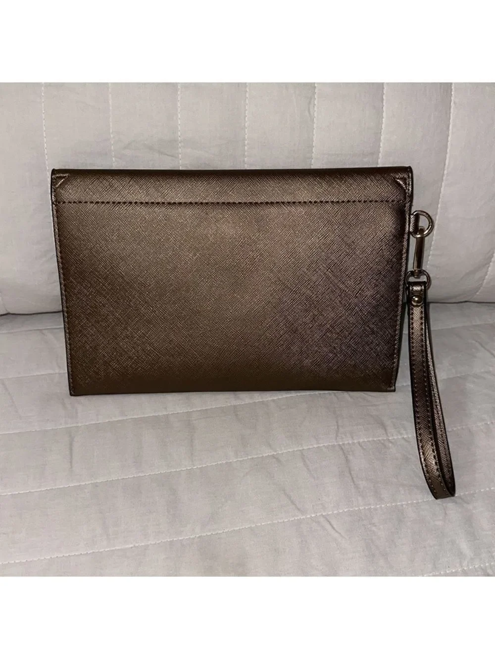 Elim & Paul Taupe Gold Tone Metallic Envelope Clutch Wristlet